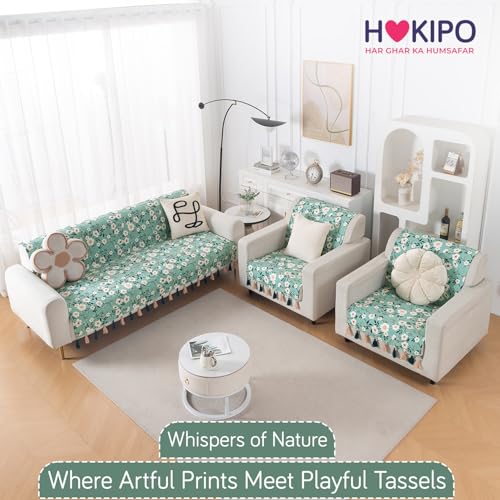 Image of HOKIPO Printed Holland Velvet Sofa Cover 5 Seater Set - Washable 3+1+1 Sofa Cover with Tassel | Full Protection for Sofa Seat and Back | 'Whispers of Nature' | Sage Floral Vine (IN-1127+1125-D8*2)