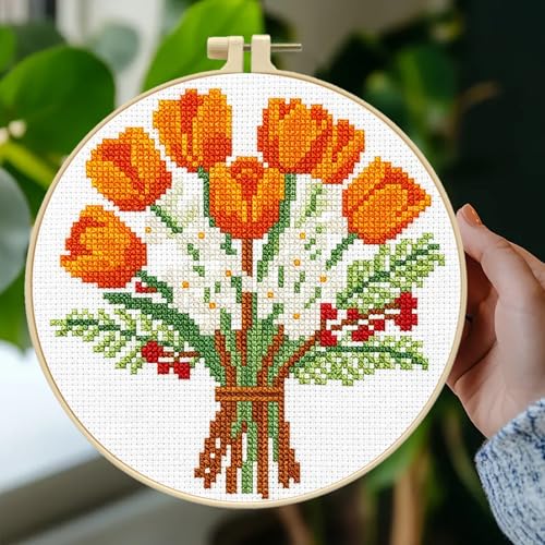 Image of Zhenqing Orange Tulip Bouquet Cross Stitch Kit for Beginners - Complete Set with Pre-Printed 11CT 24x24cm Fabric, Hoop & Threads(70359)