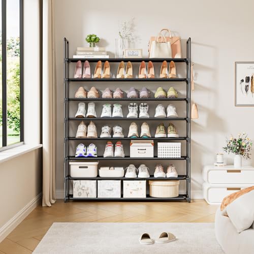 Image of OYREL 8 Tier Shoe Organizer, 33.3in Wide x 11.2in Deep x 55.7in Tall, Black Metal and Plastic Shoe Rack, Holds up to 32-40 Pairs of Shoes