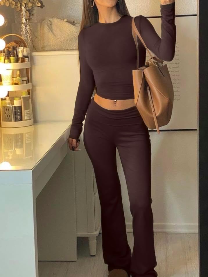 AYWA Women's 2 Piece Outfits Foldover Flare Pants Long Sleeve Crew Neck T-shirt Fitted Pajama Sets - Image 3