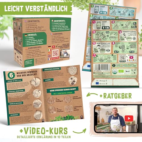 zengreens® Bio Sprossen Anzuchtset – Sprossenglas 1er, 2er oder 3er Set – Enthält Keimglas, Anzuchtschale und Sprossensamen – inkl. 50-seitigem Ratgeber und 10-teiligem Online Videokurs
