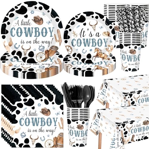 Image of Funnymoom 452 Pcs Cowboy Baby Shower Party Decorations Include a Little Cowboy Is on the Way Paper Plates Napkins Cups Tablecloth Cutlery Straws for girl Girl Baby Shower Party Supplies