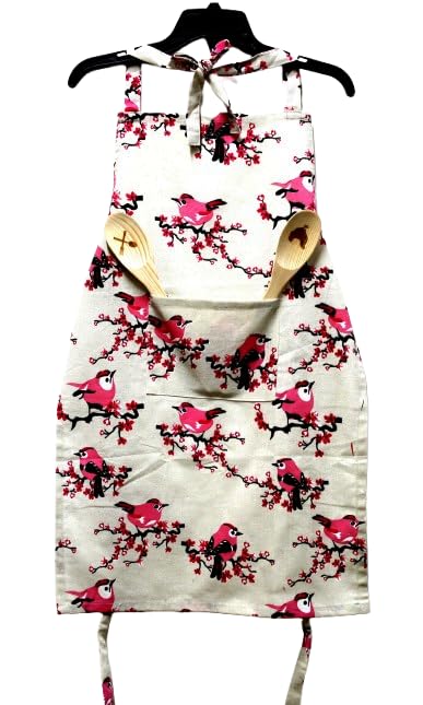 JYOTEX Kitchen Apron with Pink Birds and Cherry Blossoms Print, White Cotton (D)-image-5