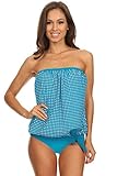 Turquoise Gingham Bandeau Blouson Tie Tankini Swimsuit Set Size 12