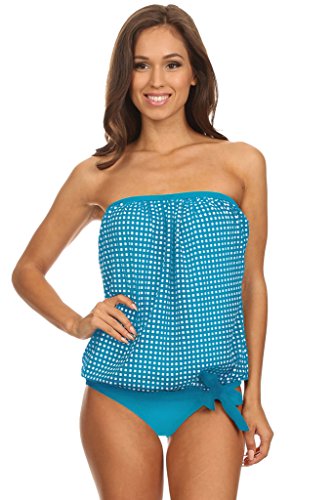 Turquoise Gingham Bandeau Blouson Tie Tankini Swimsuit Set Size 12