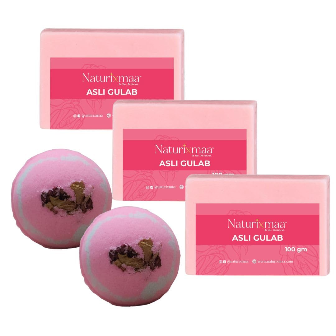 Naturixmaa Handmade Rose Bath Combo | Asli Gulab Soap (100gm_3pc) & Rose Bath bombs (60gm_2pc) | Natural and Handmade | Pure | Glycerine | No SLS-image-46