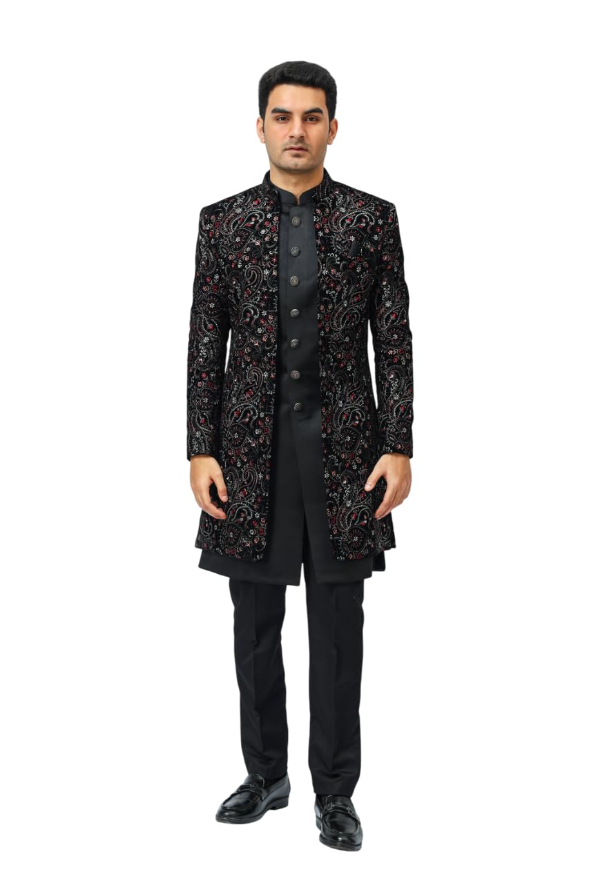 aesthelia Men's Multicoloured Embroidered Indo Western 3 Piece Set - Designer Blazer with Black Inner and Trouser, Festive Ethnic Wear, Regular Fit-picture-21