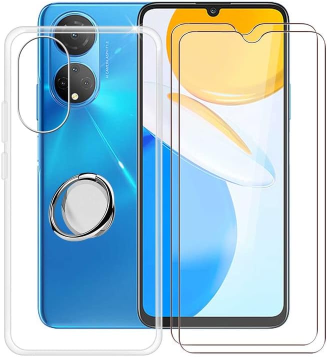 Funda para Honor X7 (6.74 pulgadas) con 2 películas protectoras de vidrio templado, soporte de anillo de metal para teléfono celular de 360, carcasa
