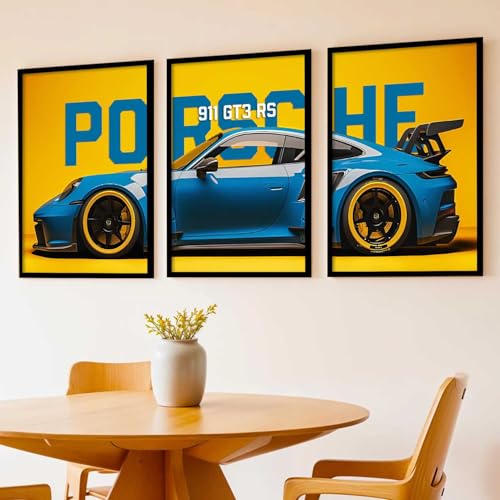 Image of HOMESY Sports Car Framed Posters Gift Items for Boys Room | Wall Decoration for Bedroom Living Room Office Gaming Room Decor | Sports Car Poster with Frame for Wall Decor Set Of 3 Size (13x17 inch, BLACK)