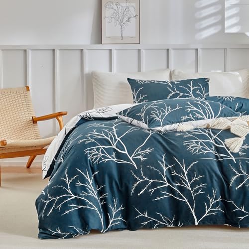 Tokokimo Juegos de ropa de cama reversible tamaño king de color azul, microfibra suave, 230 x 220 cm, con fundas de almohada y edredón, fácil cuidado, estampado de flores azules