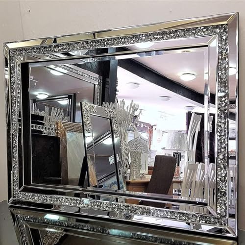 blingworld Decorative Wall Mirror, 32x24 Crushed Diamond Mirrors with Crystal for Wall Decor Living Room Silver Luxury Modern Mirrored Home Decoration Big Large Mirror Silver