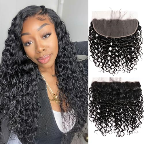 DSEKCAIN Water Wave HD Frontal 13x6 Lace Frontal Water Wave Human Hair Transparent 13x6 LaceClosure 100% Raw Virgin Human Hair Free Part Natural Black Color 12 Inch