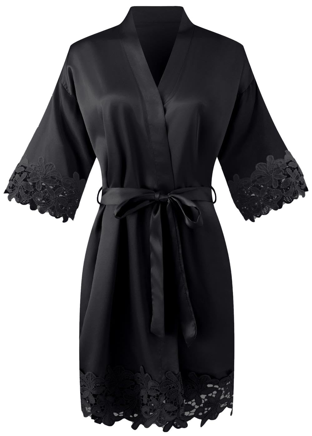Womens Short Satin Robe Lace Trim Silk Kimono Sleepwear Bridesmaid Robes for Bride Wedding Party Nightgown