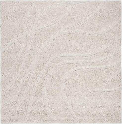 Image of Geometric Wave Square Shaggy Carpet for Living Room, Bedroom, High Low Design Finish Microfiber 1.8 Inch Pile High, 4x4 Feet Ivory|Ivory Color