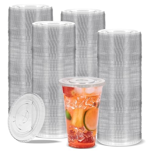 200pcs Clear PET Plastic Flat Lids Disposable Cup Lids with Straw Slot Fits 14, 16, 20, & 24 oz Cups for Iced Coffee, Milkshake, Ice Cream,Smoothy, Party Supplies
