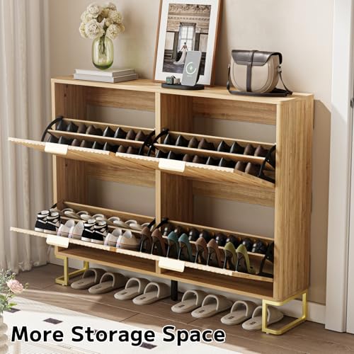 Image of Fluted Shoe Cabinet Storage with 4 Flip Drawers, Wood Narrow Hidden Shoe Cabinet with Metal Legs & Adjustable 2 Tier Shelf for Entryway, Freestanding Slim Shoe Rack Organizer for Hallway Living Room