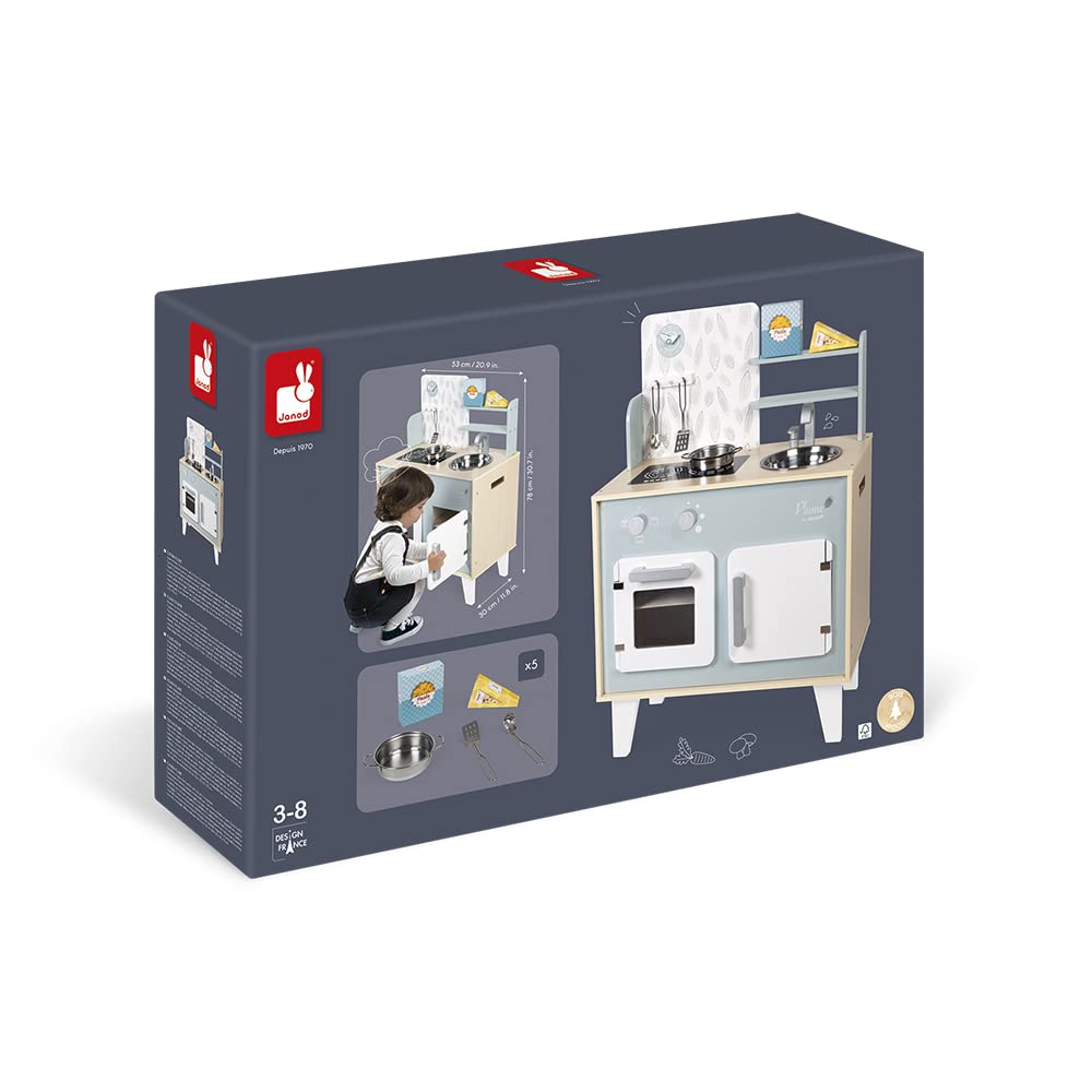 Janod - Cucina Giocattolo Plume - Mini Cucina per Bambini in Legno - con Forno, Lavello Inox, Armadietto, Pulsanti e Orologio - Cucina in Legno con 5 Accessori - Da 3 a 8 Anni, J06608