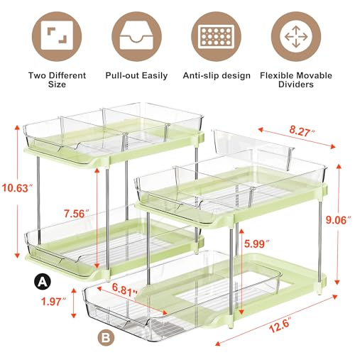 Delamu 2 Sets of 2-Tier Multi-Purpose Bathroom Under Sink Organizers and Storage, Stackable Kitchen Pantry Organization, Pull Out Medicine Cabinet Organizer with 8 Movable Dividers, Green
