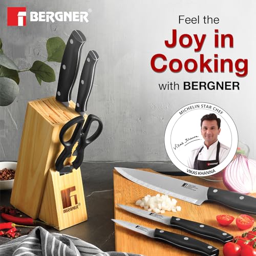 Image of Bergner Dusseldorf 7 Pcs Stainless Steel Knife Set - Chef Knife, Slicing Knife, Tomato Knife, Utility Knife, Paring Knife, Scissors and Wooden Block, Durable, for Kitchen and Restaurants - Black
