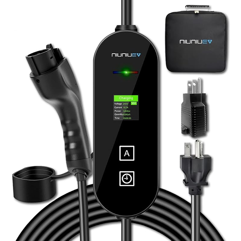 Carregador portátil para veículos elétricos Level 1 e Level 2 NIUNIUEV 8–16 A, 110–240 V, conector J1772, NEMA 6-20P e NEMA 5-15P, cabo de 4,88 m