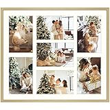 13.7x15.7 Gold Collage Frame - Ivory Mat - Displays Seven 4x6 Photos - Aluminum Metal - Real Glass, Sawtooth Hanger, Swivel Tabs - Wall Mounting, Landscape, Portrait