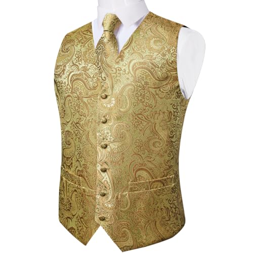 Image of DiBanGu Mens Vest and Tie Set Formal Paisley Waistcoat and Necktie Pocket Square Cufflinks Silk Suit Vest for Tuxedo Wedding