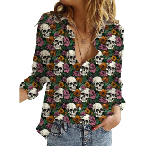 Hawaiian Button Down Shirts for Women V Neck Funny Halloween Thankgiving Christmas Graphic Long Sleeve Tops Fall Blouse