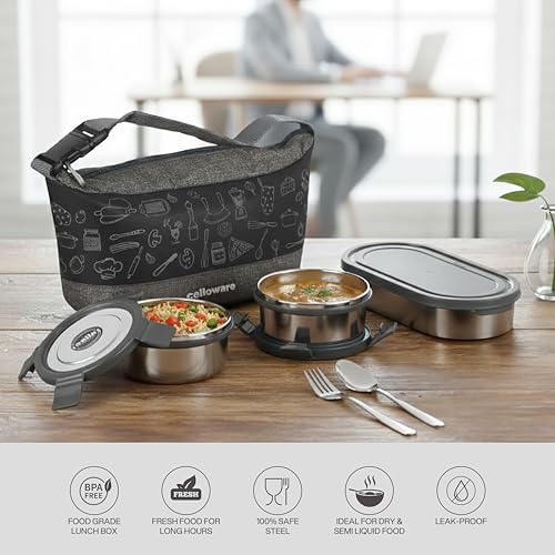 Image of CELLO MF Blaze Stainless Steel Lunch Box for Office Use Grey | 300ml x 2 Round Containers, 1 x 500ml Oval Containers, Lightweight Easy to Carry Leak Proof Airtight Tiffin Box for Travel and Daily Use