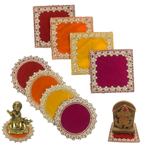 Image of Velvet Pooja Aasan for God Idol | Decorative Chowki Cloth | 4x4 Inch Round & Square Aasan for Mandir, Ganesha, Lakshmi, Pooja Decoration