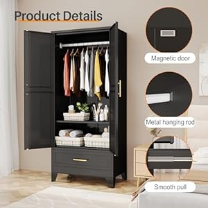 RISTER Metal Armoire Wardrobe Closet with Hanging Rod, Clothing Storage Cabinet with Adjustable Shelf and Drawer for Laundry Room, Bedroom, Home Office, Bathroom, 71" Black Large Capacit RISTER Metal Armoire Wardrobe Closet with Hanging Rod Clothing Storage Cabinet with Adjustable Shelf and Drawer for Laundry Room Bedroom Home Office Bathroom 71 Black Large Capacit