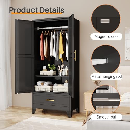 RISTER-Metal-Armoire-Wardrobe-Closet-with-Hanging-Rod-Clothing-Storage-Cabinet-with-Adjustable-Shelf-and-Drawer-for-Laundry-Room-Bedroom-Home-Office-Bathroom-71-Black-Large-Capacit RISTER Metal Armoire Wardrobe Closet with Hanging Rod Clothing Storage Cabinet with Adjustable Shelf and Drawer for Laundry Room Bedroom Home Office Bathroom 71 Black Large Capacit