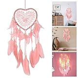 ドリームキャッチャー ハート型 人工羽飾り 捕夢網 風鈴 車飾り 窓飾り おしゃれ ぶら下げ フリンジ 編み 写真壁 飾り ボヘミアン インテリア 装飾品 贈り物 手芸品 玄関 寝室用 結婚プレゼント (肌ピンク)
