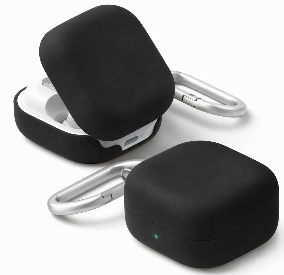 Image of Liquid Silicone Case Cover for Samsung Galaxy Buds 4 and 4 Pro with Heavy Duty Carabiner (Black, Silicone)