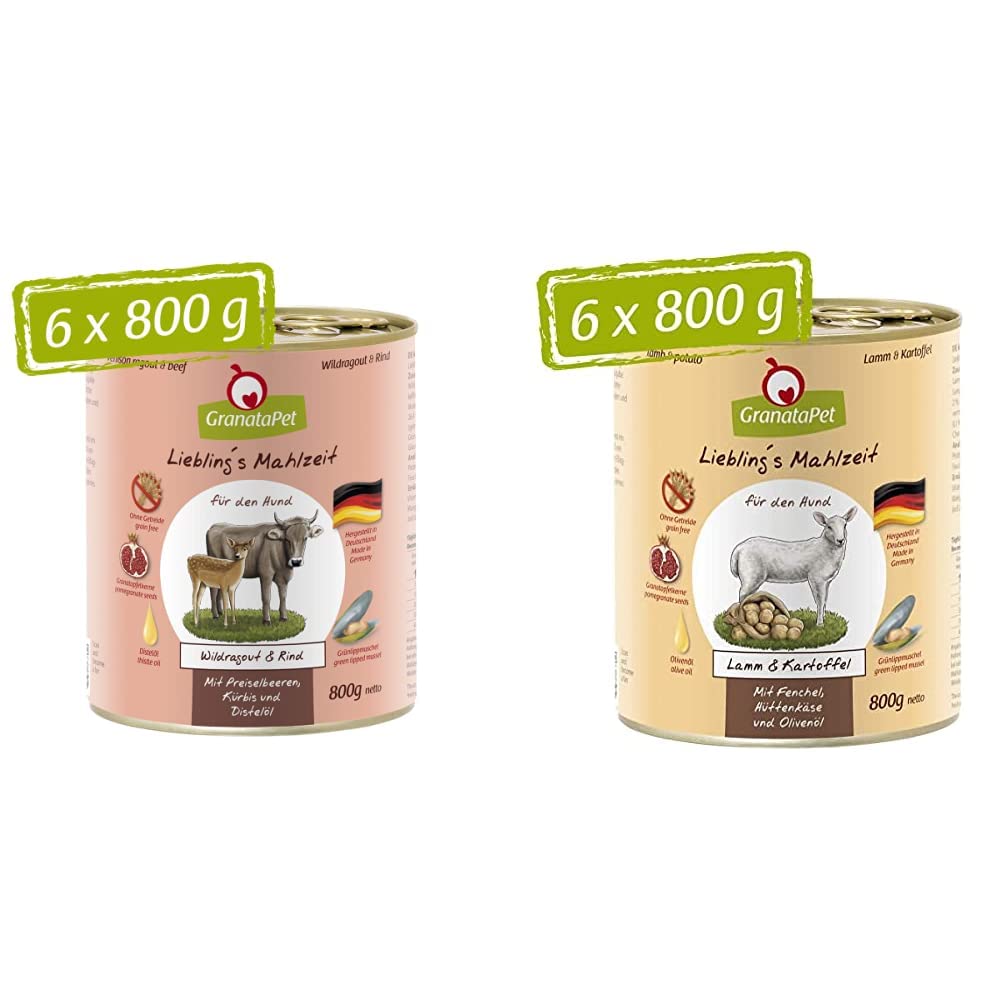 GranataPet Pasto preferito, ragù e manzo, cibo umido per cani, cibo per cani senza cereali e senza zucchero, alimento completo, 6 x 800 g & Pasto preferito Agnello e Patata, Alimento umido per cani