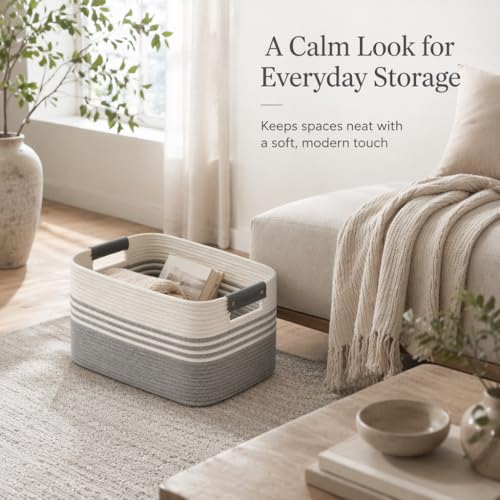 Image of Cotton Rope Laundry Basket Medium, 15.4GAL Collapsible Woven Storage Baskets for Living Room Kids Toys Stuffed Animal,Boho Rectangular Decorative Short Hamper for Dirty Clothes, Blankets White Grey