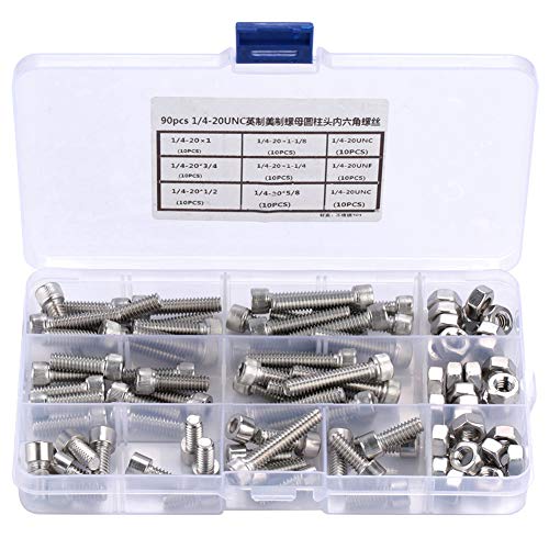 90 Pièces 1/4-20Unc en Acier Inoxydable, 4 20 Unc Boulon Vis Americaine en Acier à Six Pans Creux Boulons à Tête Hexagonale Kit D'assortiment de Vis