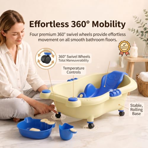 Image of StarAndDaisy AquaNest Baby Bath Tub for Newborn to 5 Years with Ergonomic Baby Bather Seat, 360 Wheels, Bathing Tray & Mug, BPA-Free Kids Bathtub with Drain Plug & Rolling Base