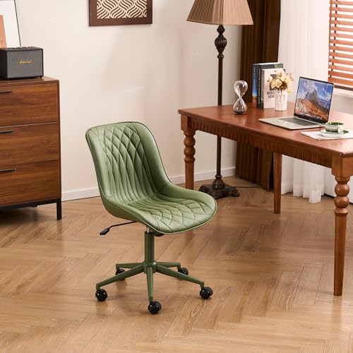 Image of YOUNIKE Faux Leather Office Desk Chair Comfy Vanity Chair Armless Green | Ergonomic Upholstered Rocking Back, Swivel with Wheels, Height Adjustable, Modern Task Chair For Computer Sewing Drafting