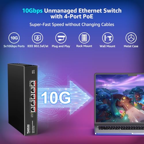Image of YuanLey 5-Port 10G PoE Switch Unmanaged with 4-Port PoE, 4 x 10G Base-T RJ45 Ports, 1 x UpLink, IEEE802.3af /at, 65W Built-in Power, Compatible with 1G /2.5G /5G /10G, Rackmount 10Gbe Network Switch