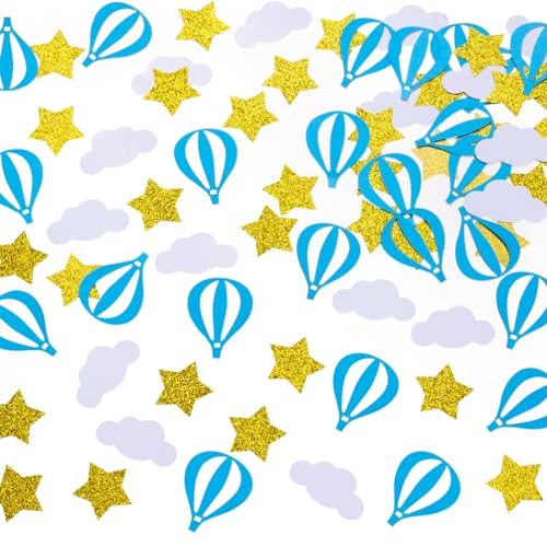 Image of Gold Star White Clouds and Blue Hot Air Balloons Confetti Table Decoration for Baby Shower Graduation Birthday BBQ Theme Party,1.2 inch in Diameter,200 Counts