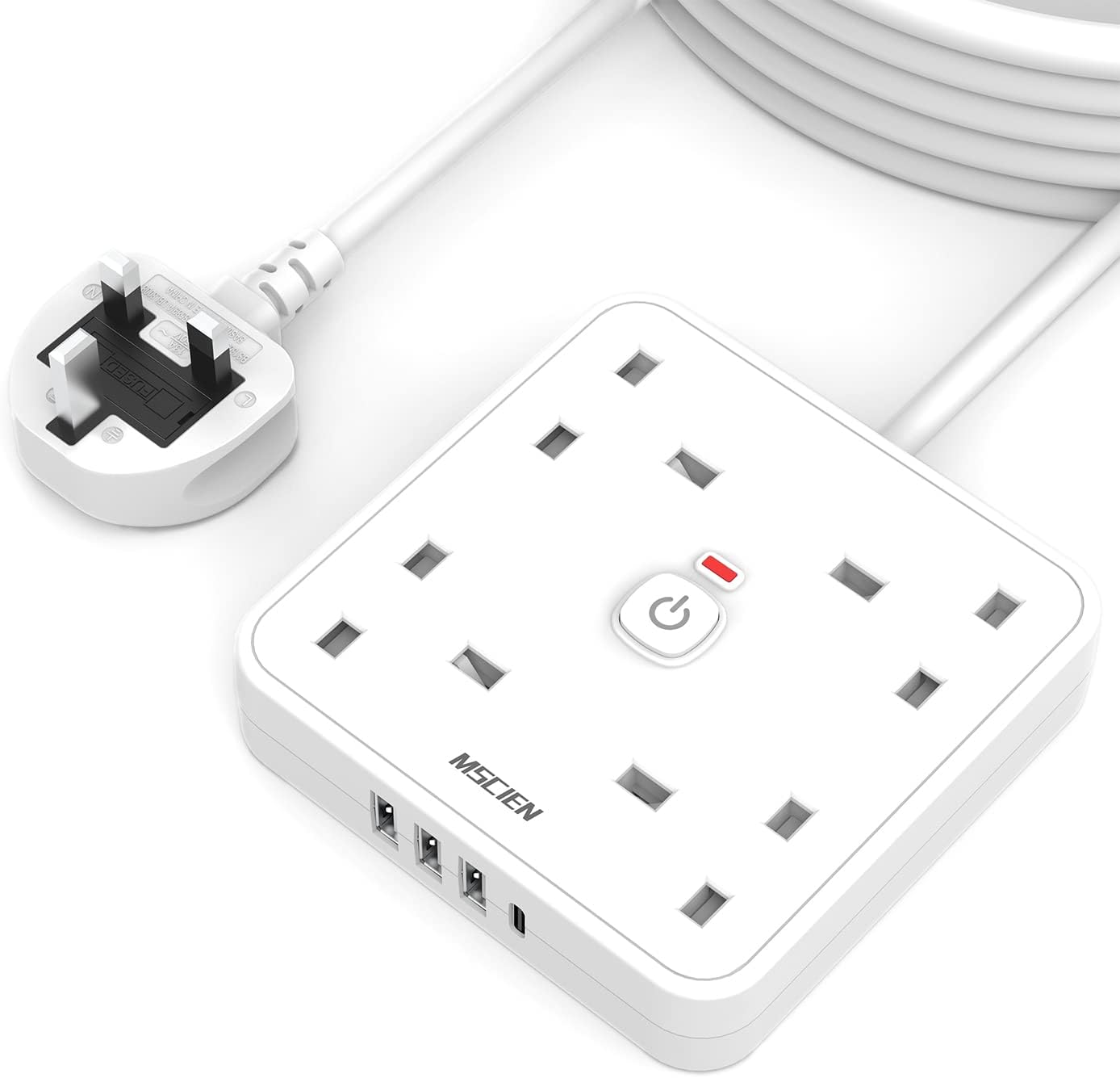 5M 4 Gang Extension Lead with 4 USB Slots (1 TypeC and 3 USBA