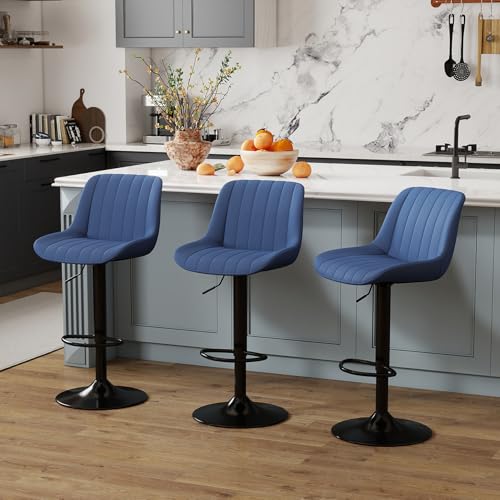 Image of Youhauchair Adjustable Faux Leather Bar Stools Set of 3, Blue | Swivel, Counter Height, Back & Footrest, Armless, PU, Modern, Kitchen Island Stool, Upholstered Dining Room Chair