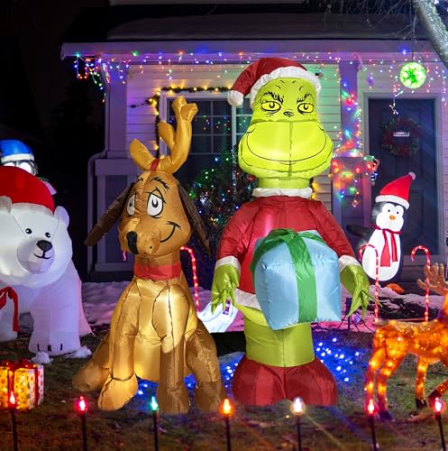 4 FT Christmas Inflatable Xmas Thief with His Dog Christmas Blow Up Yard Decorations with Built-in LED Lights for Outdoor Garden Holiday Party Decor
