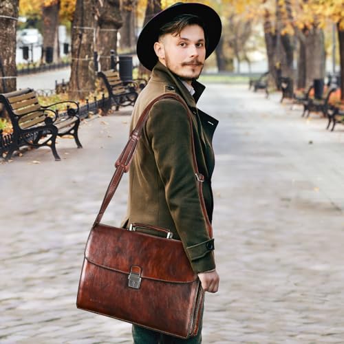 Banuce Vintage Italian Leather Briefcase for Men 15.6 Inch Laptop Lawyer Bag + Leather Long Bifold Wallet for Men Dark Brown3