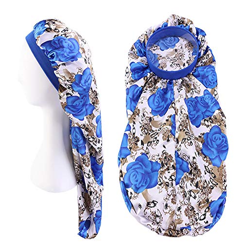 Extra Long Satin Bonnet Sleep Cap Long Bonnet for Braids Hair Loose Cap (Royal Blue Flowers)