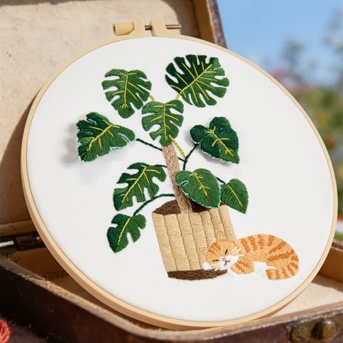 Image of Monstera Embroidery Kits for Beginners Adults, Cat Hand Embroidery Kits, Potted Plant Cross Stitch Kits for Beginners DIY Craft Kits for Adult Women, Entire Set of Embroidery Supplies & Video Tutorial
