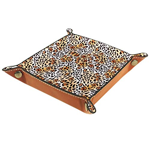 Preisvergleich Produktbild ASDQWE Gelbes Leopardenmuster Schmuck-Tablett aus Leder mit Druckknopfverschluss für Schlüssel, Handy, Münzen, Geldbörse, Uhren etc., Kaffeebraun, Gelber Leopardenmuster, 16 x 16 cm