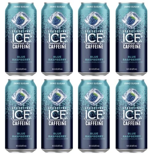 Water, Sparkling + Caffeine Blue Raspberry, with Antioxidants and Vitamins, Zero Sugar, 16 Fl Oz (Pack of 8)