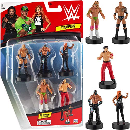 WWE Superstar Stampers Set of 5 - Self-Inking WWE Superstars for Crafts Party Decor Cake Toppers Gifts - Ultimate Warrior Rey Mysterio The Rock and More by PMI 2.3-2.5 in. Tall.