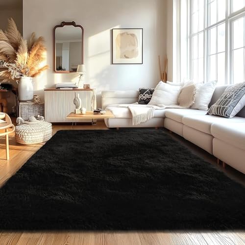 FVVRAX Tapis shaggy moelleux à poils longs, 150 x 240 cm, noir, extra doux, antidérapant, pour salon, chambre à coucher, tapis de sol douillet pour enfants...
